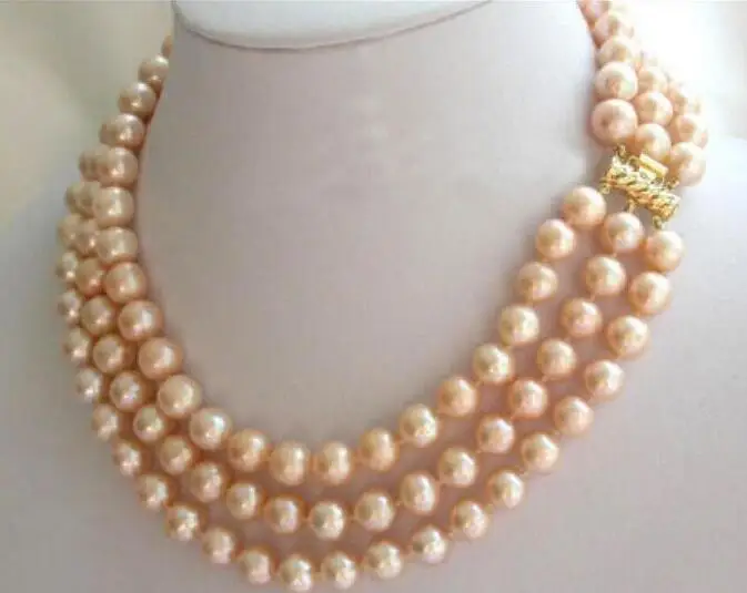beautiful 3 rows 8-9 mm south pink natural pearl necklace 17-19