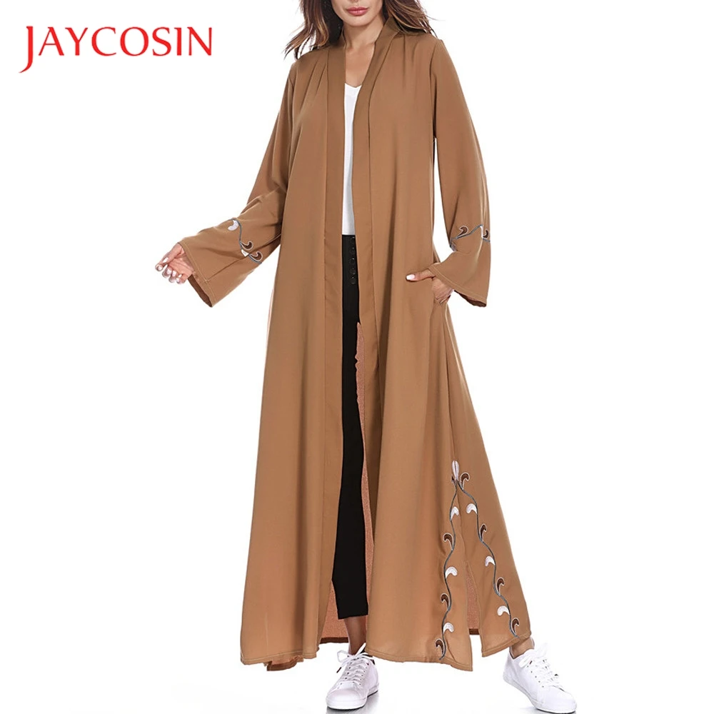 JAYCOSIN Women Islamic Embroidered Cardigan Long Coat Muslim Middle East Robe Polyester Material Solid Pattern | Тематическая