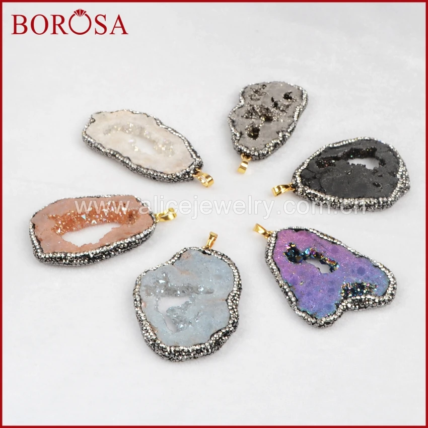 

BOROSA New arrival 5pcs Rainbow Crystal Druzy Quartz Slice Pendant Bead Paved Zircons JAB233