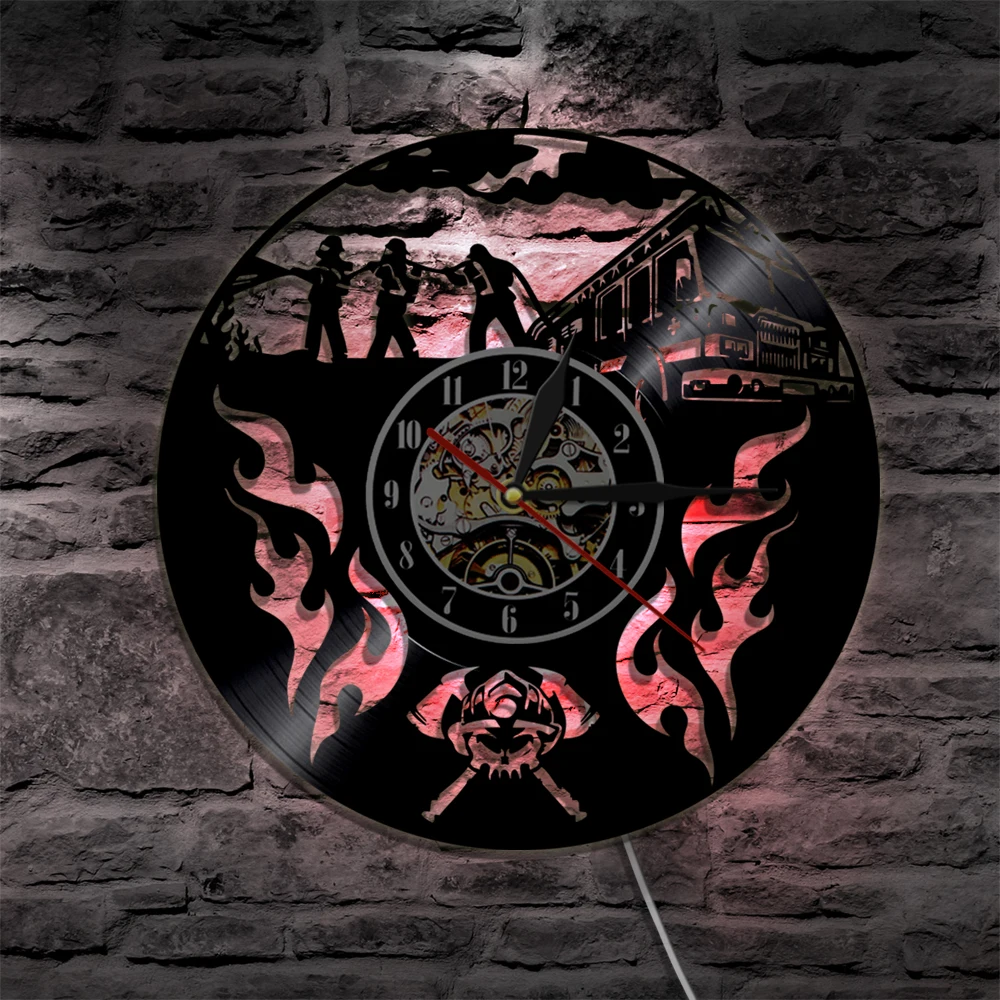 

Firefighter Rescue LED Wall Light Vinyl Record Wall Clock Fire Department Sign Helmet Axes Crossed Silhouette LED Light