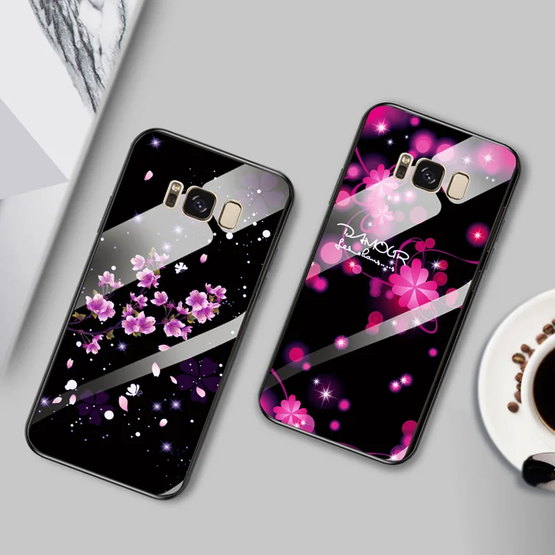 For Samsung Galaxy S8 Tempered Glass Case Soft Edge Back Cover Plus Phone Shell Flowers S8Plus Bags |