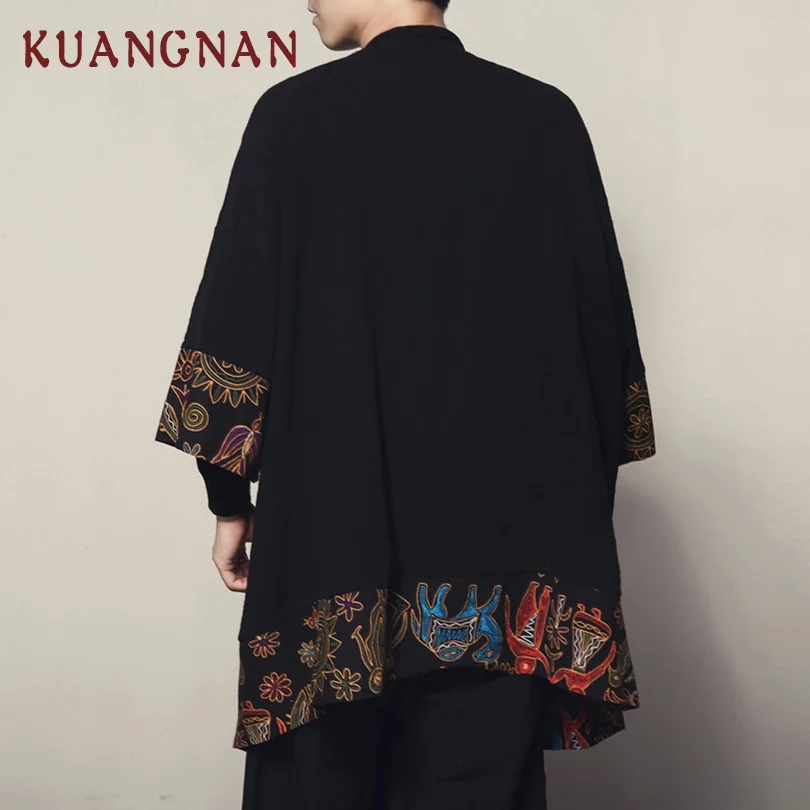 Мужская длинная рубашка кимоно KUANGNAN черная в китайском стиле 2019|Повседневные