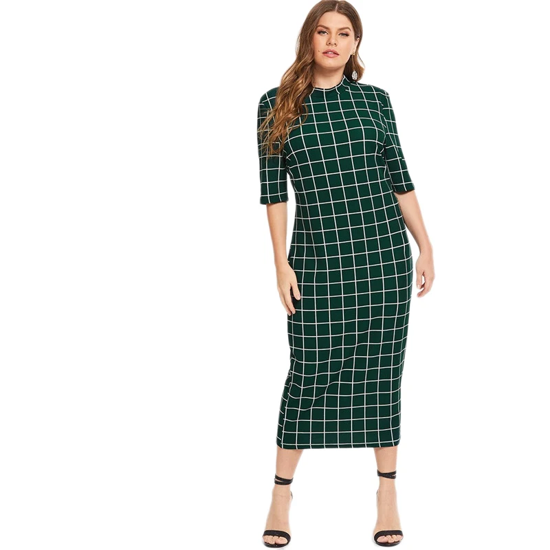 SHEIN элегантное клетчатое облегающее платье большого размера, длинное платье-карандаш для женщин, офисное платье с воротником-стойкой и сетчатым принтом, приталенное платье