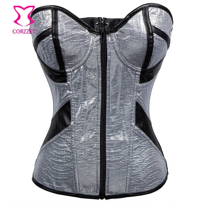 Корсет женский серебристый на молнии спереди из ПВХ кожи пикантный костюм в