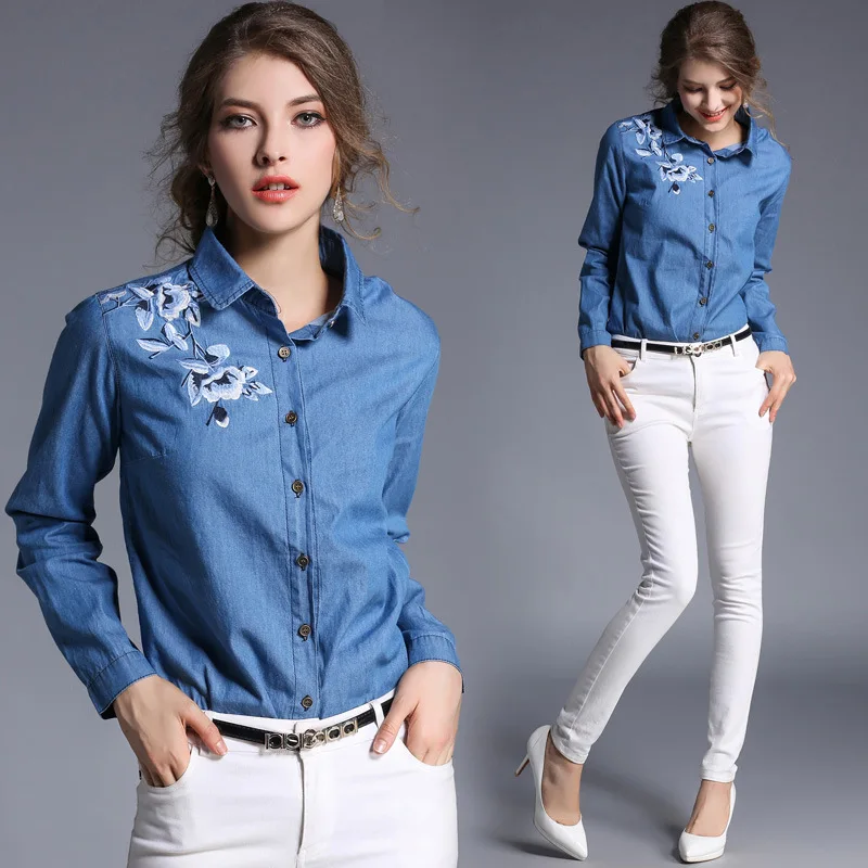 LARCI 2018 новый бренд топ джинсы рубашки джинсовые Blusa Джинсовая блузка с длинным