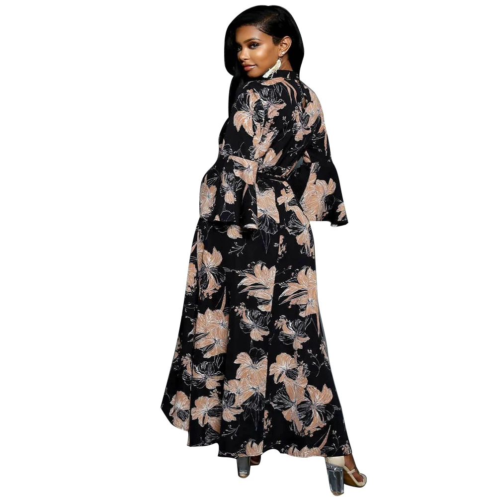 Женское Повседневное платье-макси с V-образным вырезом длинным рукавом и поясом |