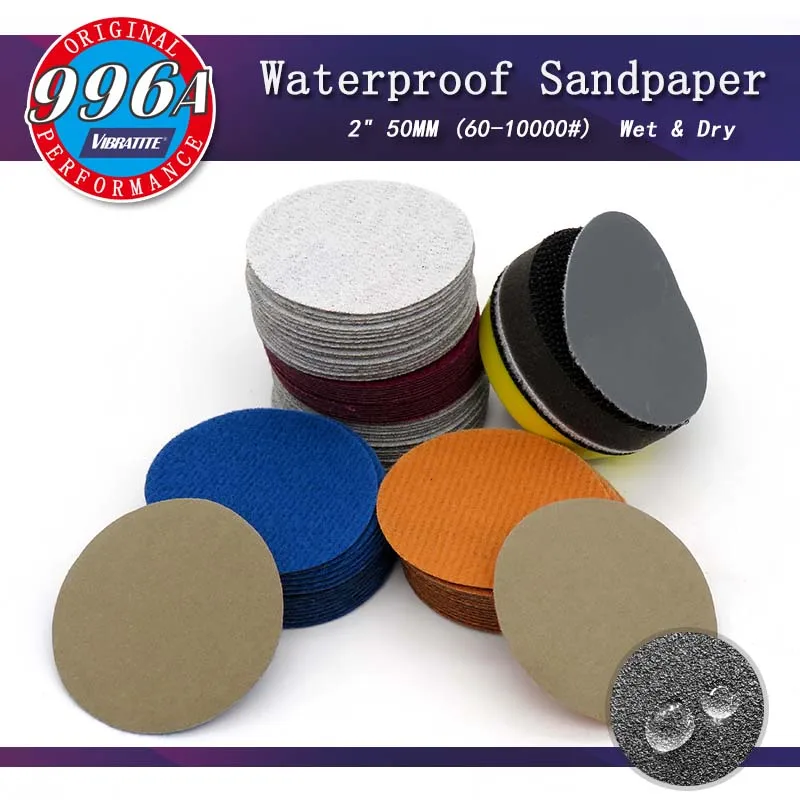 100pcs 2 Inch 50mm Waterproof Sandpaper Sanding Discs Hook & Loop Silicon Carbide  Wet/Dry 60 to 10000 Grit Abrasives Disc
