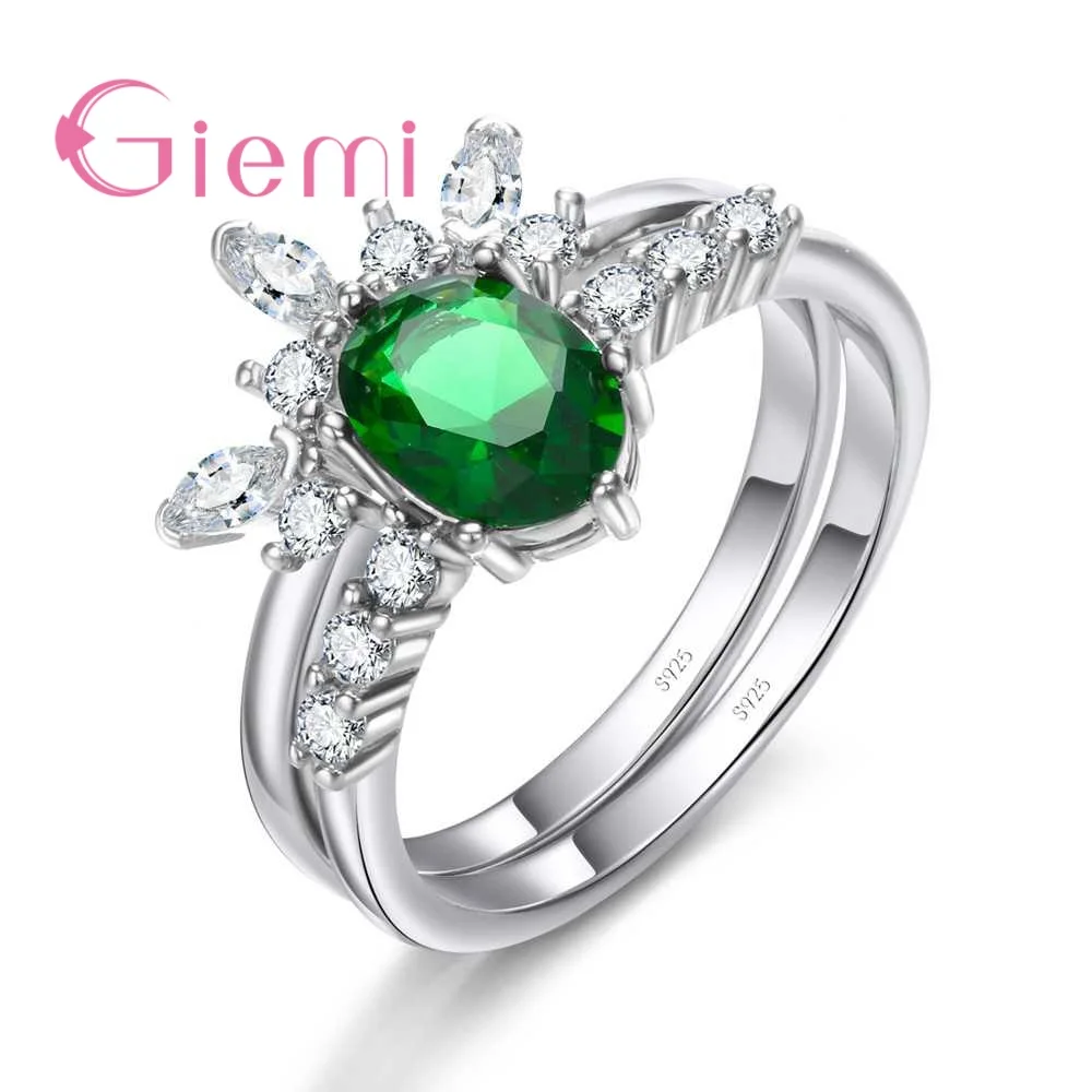 

New Fashion 925 Sterling Silver Needle Geometric Ring Set With AAA Green Cubic Zircon For Women Party Engagement Jewelry