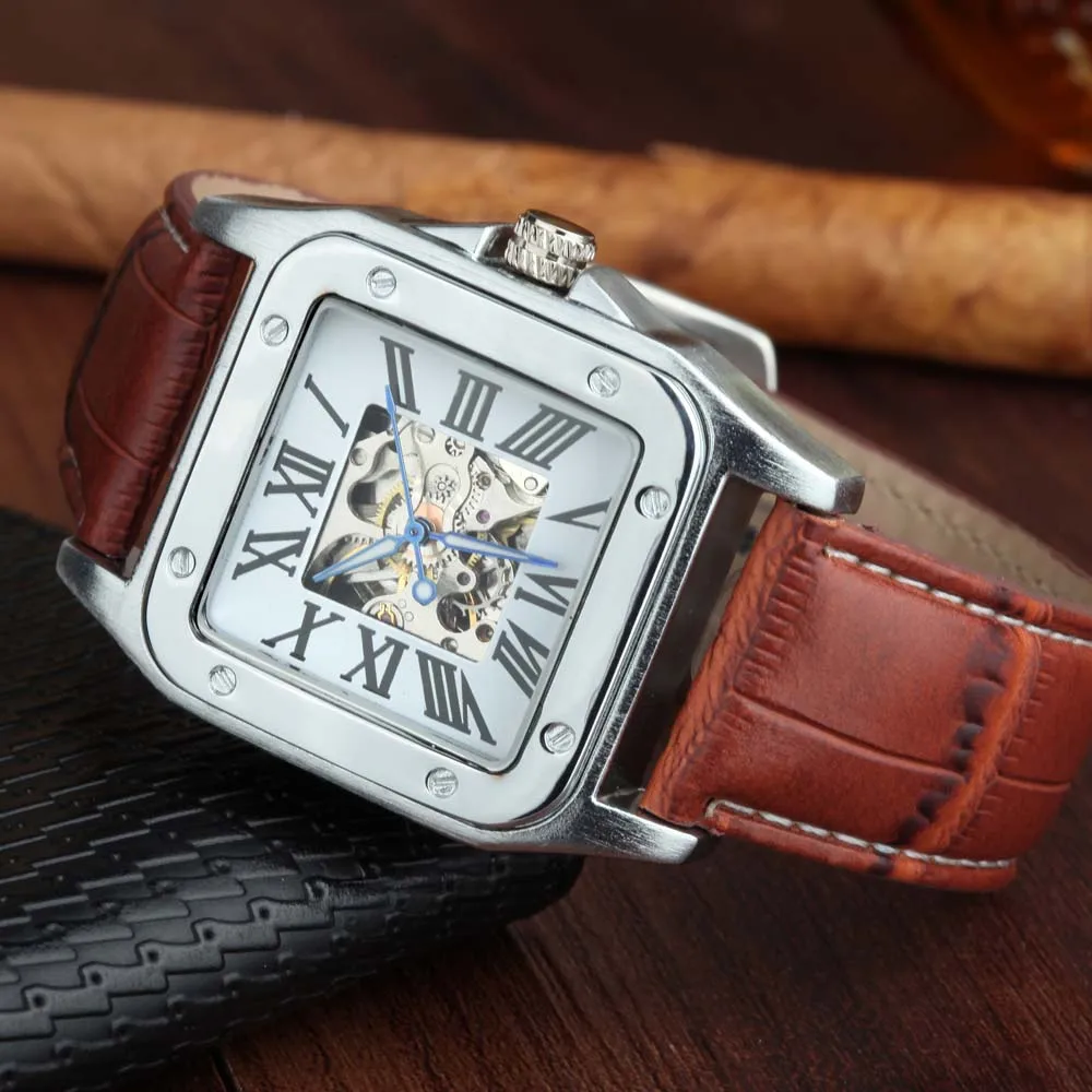 Часы скелетоны мужские с автоматическим механическим механизмом квадратной