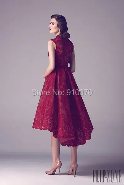 2015 Custom Made Vestidos Sleeveless High/Low Prom Dresses/ Elegant Burgundy Lace Short Evening Dresses Cheap ED420 | Свадьбы и