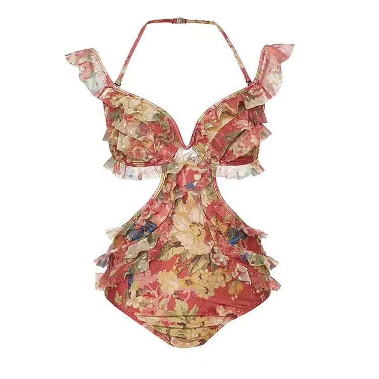 

STAERK Custom European and American mesh lace sexy V deep thin broken flowers ears shoulder collar conjoined swimsuit