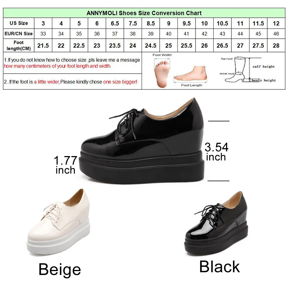 

ANNYMOLI Spring Shoes Women High Heels Shoes Increasing Platform Wedges Heel Pumps Patent Leather Lace Up Round Toe Ladies Shoes