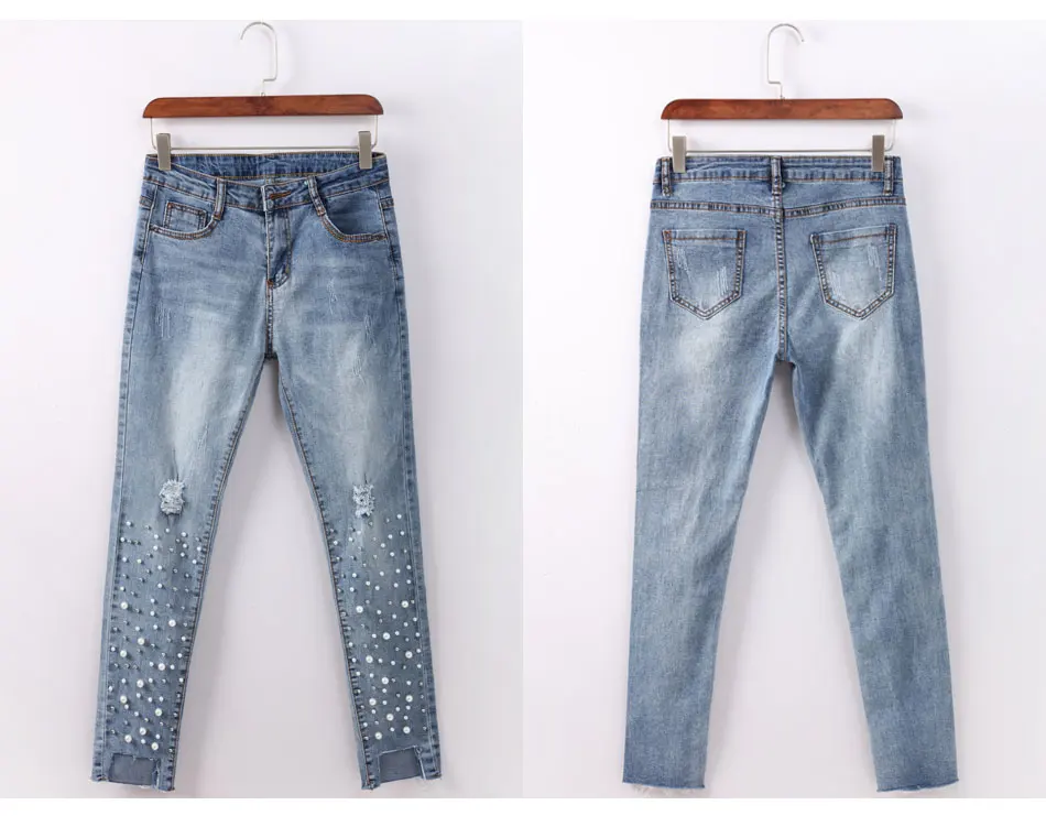 Джинсы женские Рваные джинсы Capris Jeggings Тощий Эластичный Дамы джинсовой жемчуг джинсы кисточки высокой талией повседневные джинсовые штаны уличная