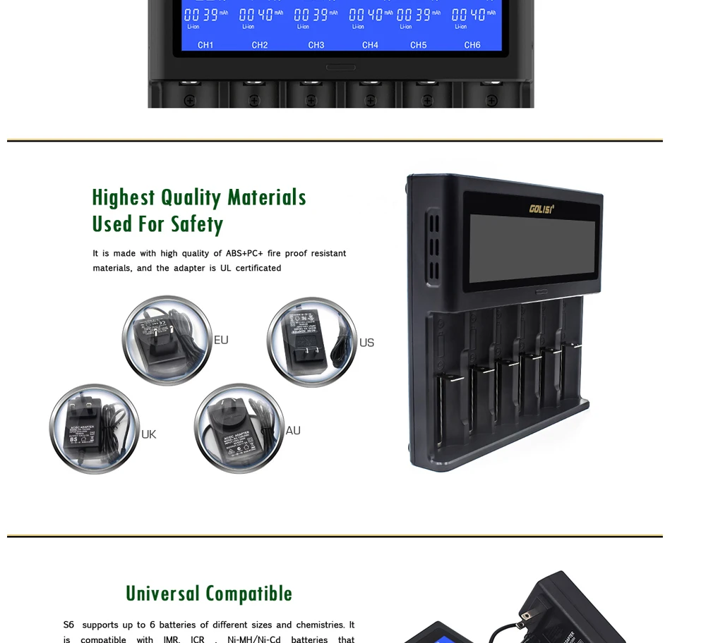 Original GOLISI S6 intelligent charger Big LCD display compatible with Ni-mh/ Ni-cd, and 3.6V/3.7V cylindrical For 6 battery