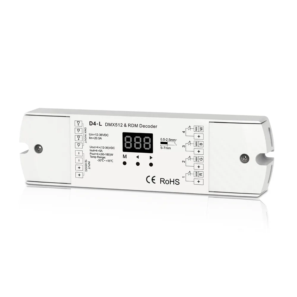 

4CH 5A/CH Decoder Constant Voltage DMX512 RDM Decoder RGBW Controller 4 Channel Dimming Controller 12-24V Output PWM