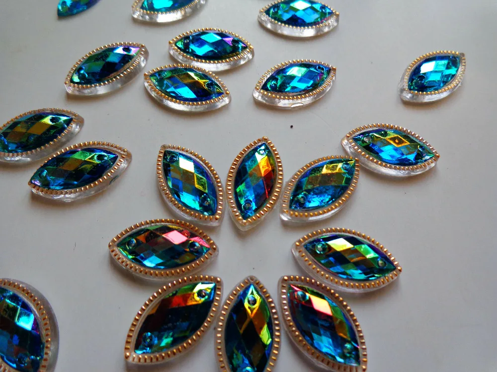 Пришивные стразы с голубым конским глазом в форме навета 7*15 мм акриловые