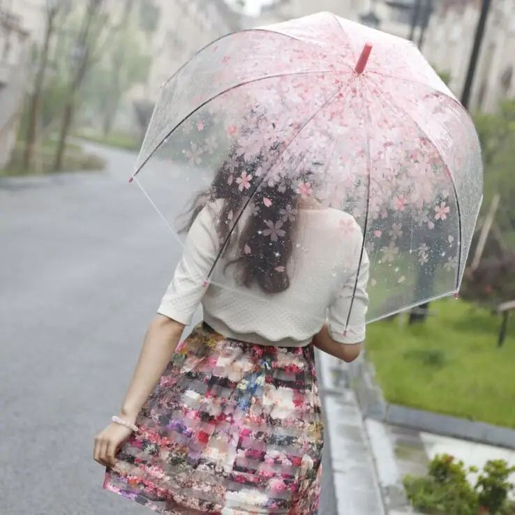 Модные прозрачный зонтик Cherry Blossom Для женщин дождь Сакура длинной ручкой Зонты