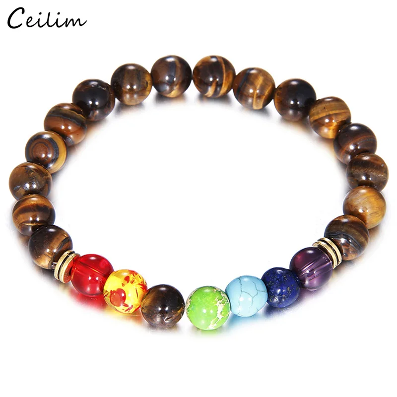Natural Stone 7 Chakra Bracelets Bangles Adjustable Buddha Prayer Tiger Eye Bead Bracelet Men Women Healing Balance Yoga Jewelry | Украшения