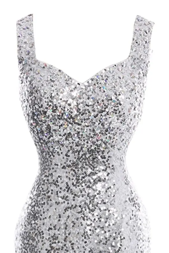 Sparkly Sequined Silver Mermaid Prom Dresses Vestido De Festa Sexy See-Through Back Side Split Court Train Formal Party Gowns | Свадьбы и