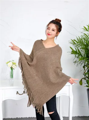khaki poncho Свободные трикотажные кашемир кисточкой Пончо Для женщин хаки цвета красный, серый твил Плащ корейский стиль шаль Cachecol пончо Feminino Inverno - Цвет: khaki poncho