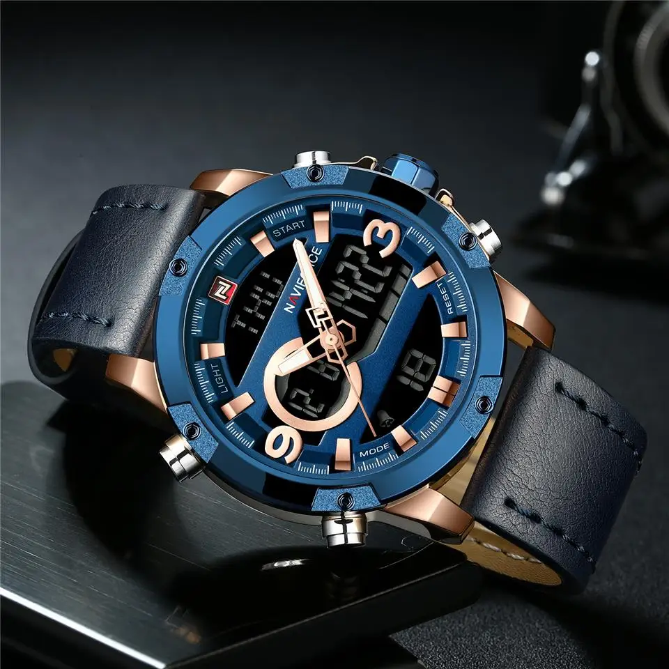 NAVIFORCE мужские спортивные часы, мужские Топ люксовый бренд, кварцевые цифровые часы, мужские Водонепроницаемые кожаные армейские наручные часы, Relogio Masculino