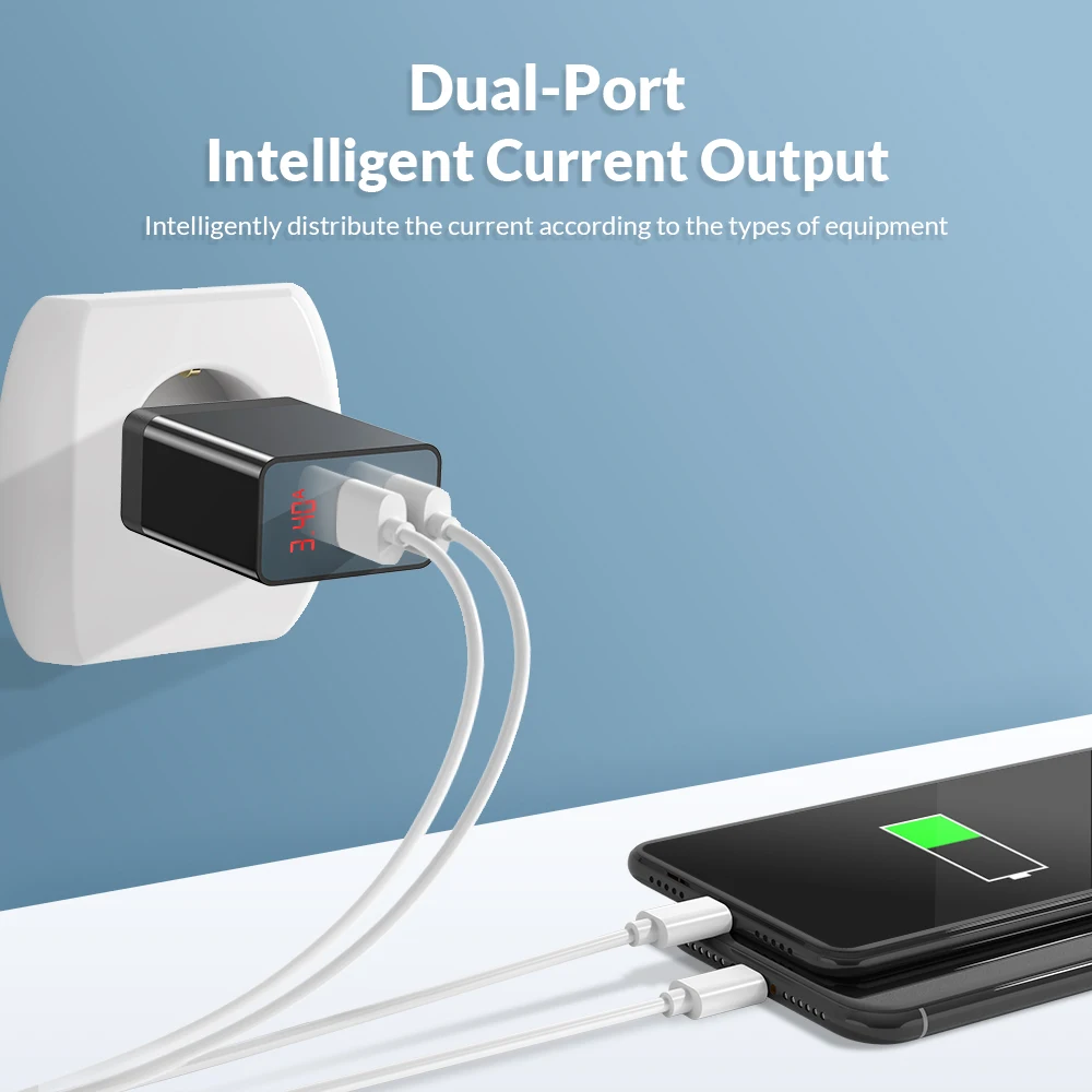 TOPK B249 светодиодный цифровой Дисплей Dual USB Wall Зарядное устройство для iphonexs XiaoMi Mi9