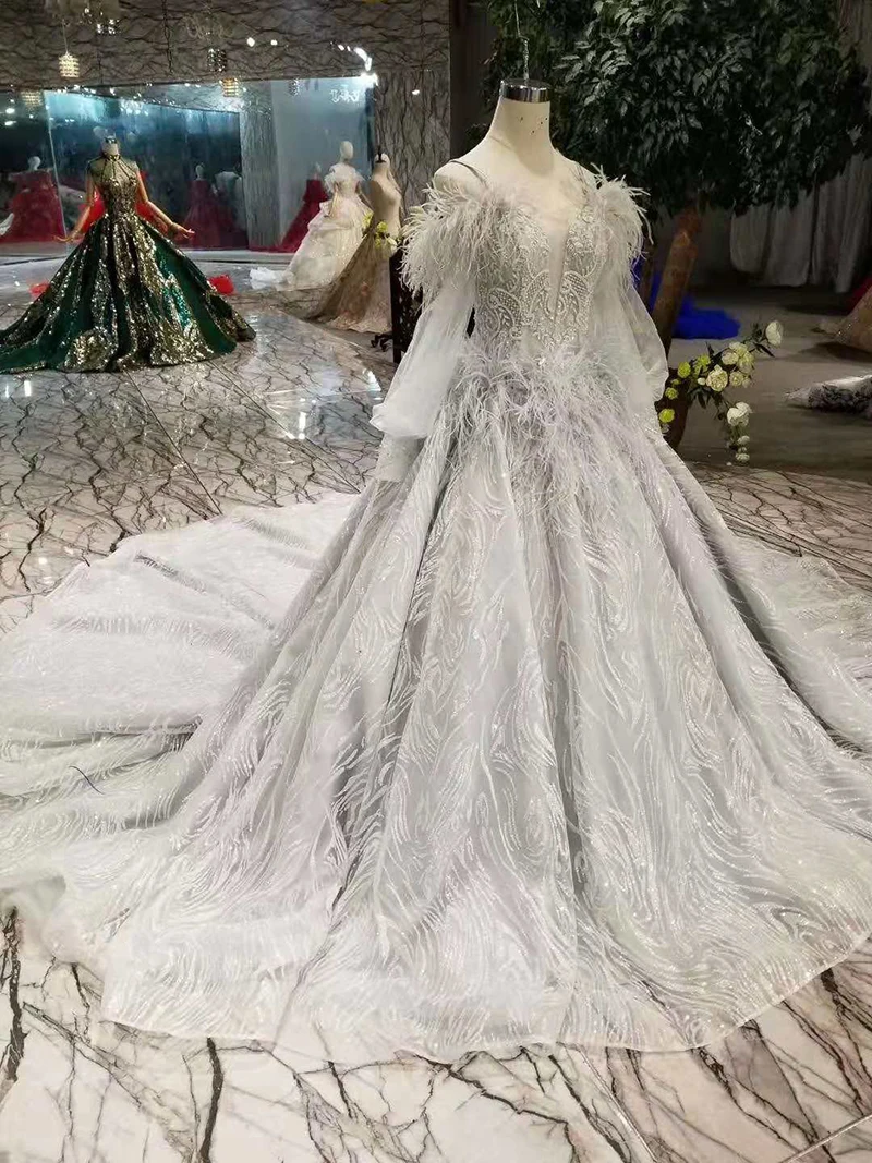 LSS324 серые вечерние платья со страусиными перьями, милые пышные платья с длинными рукавами для вечеринок, длинное бальное платье, роскошное женское платье