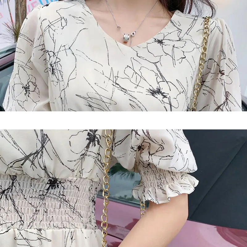 Летнее шифоновое платье в стиле ретро с v образным вырезом и короткими рукавами
