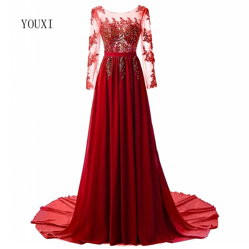 

Long Sleeves Beaded Evening Dresses 2020 Sexy Backless Chiffon Vestidos De Festa Vestido Longo Robe De Soiree Formal Gowns