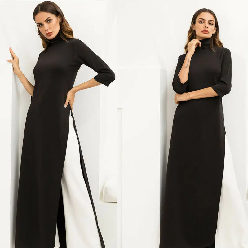 

Solid High Color Women Sleeve Knitted Ball Gown Dress Casual Long Collar