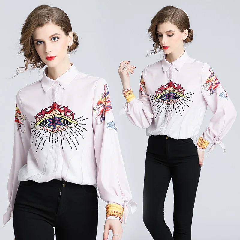 2019 Women Autumn Casual Cartoon Shirts Eyes Vintage Printing Long Sleeve Turn Down Collar Slim Elegant Blouse Top Female |