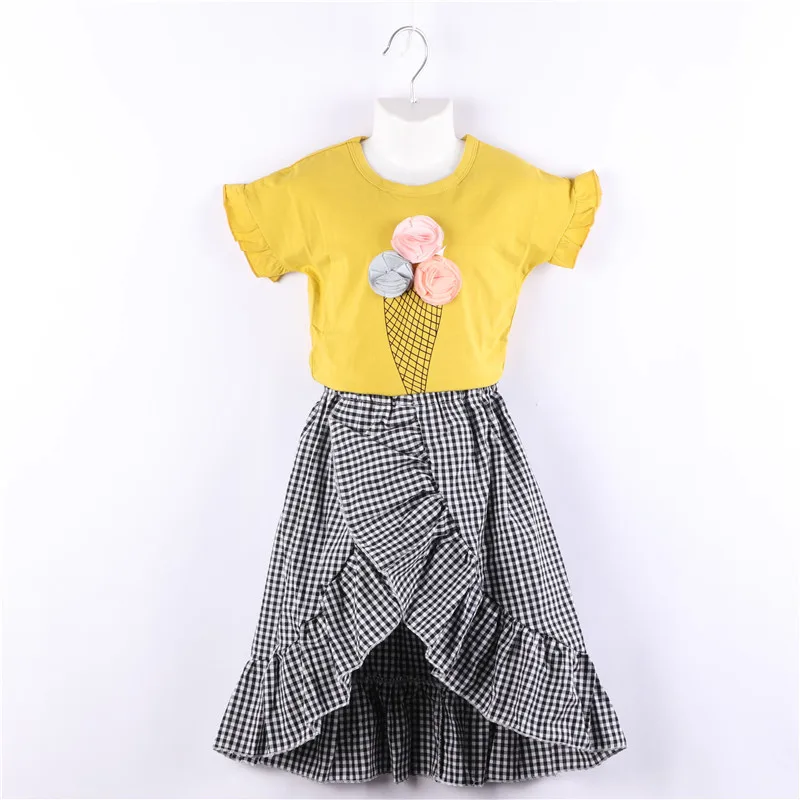 

2019 Baby Girl Summer Clothing Set 3D Flower icecream Tees Shirts+Plaid Skirts,Girls Kids Fashion Princess Suits Child Clothes