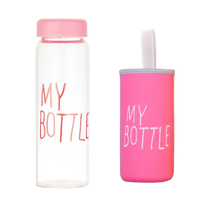 Пластиковая бутылка My bottle 500 мл, бутылка для воды для питья, прозрачная или матовая, Спортивная, корейский стиль, термостойкая, герметичная - Цвет: tm pink and sleeve