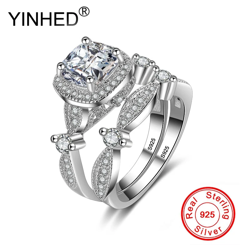 

YINHED 2pcs Princess Square Cubic Zirconia Wedding Bands Ring Set for Women 925 Sterling Silver Engagement Jewelry Ring ZR538