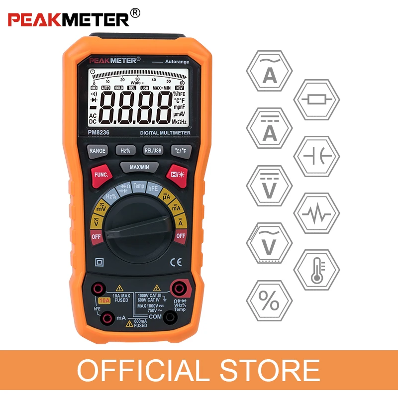 Official PEAKMETER PM8236 Auto manual Range Digital Multimeter with TRMS 1000V Temperature capacitance frequency Test