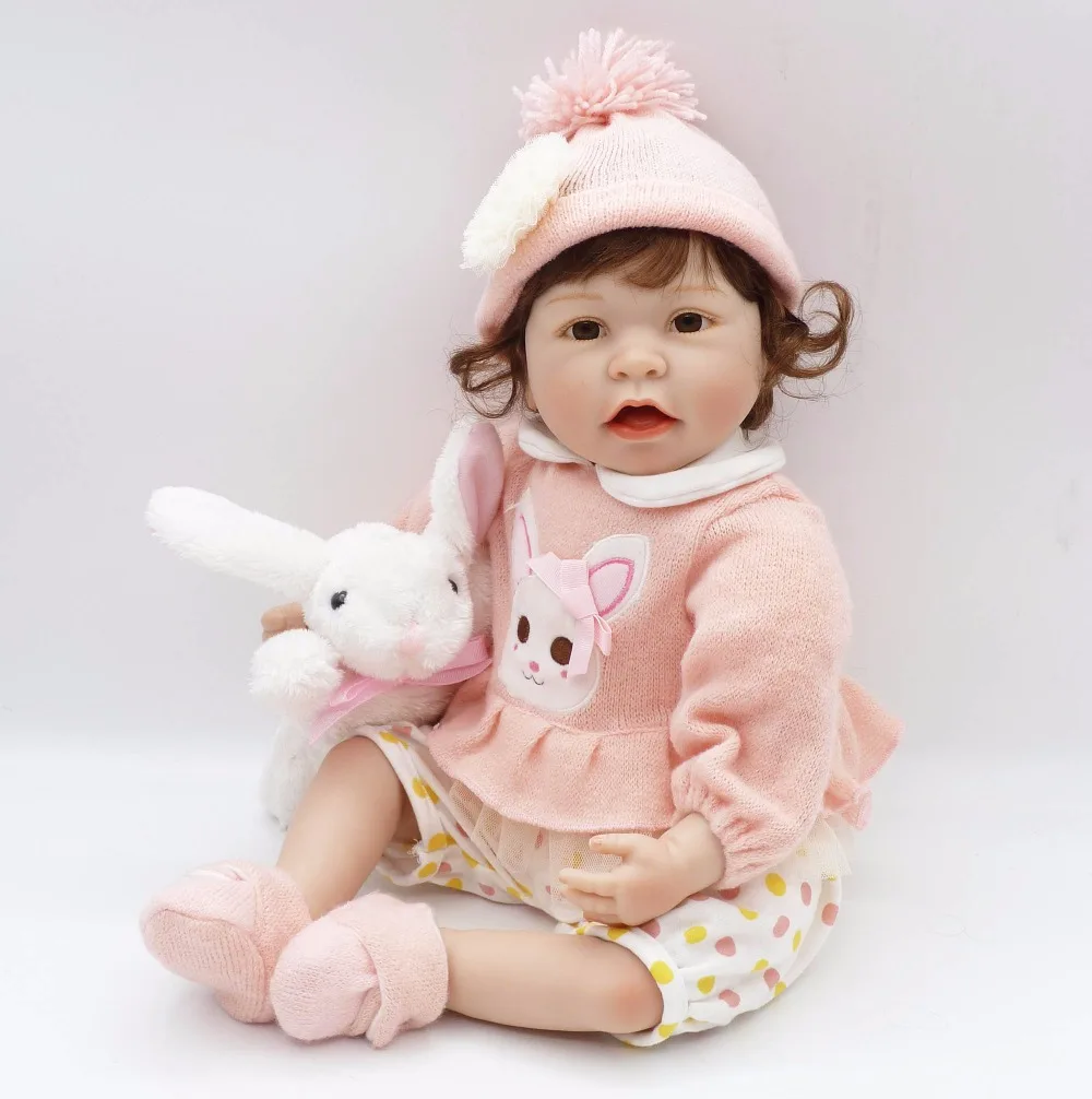 

Girl doll reborn toys 22"55cm soft silicone reborn baby dolls with pink sweater rabbit plush doll bebe realistic reborn bonecas