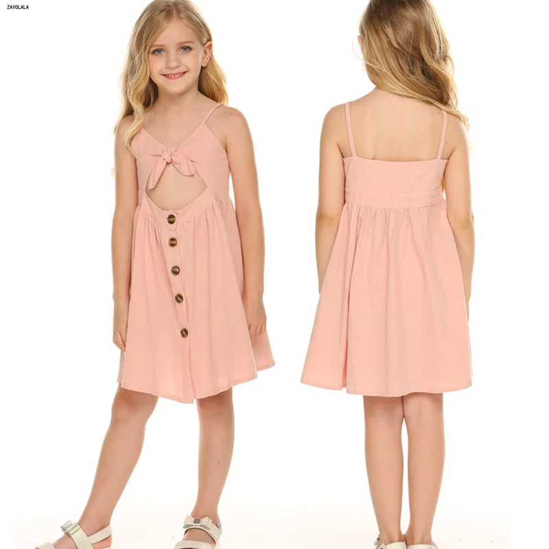 Summer Dress For Kid Girls Sleeveless A-line Princess Casual Irregular Spaghetti Strap Bow-Knot Backless Button | Детская одежда и