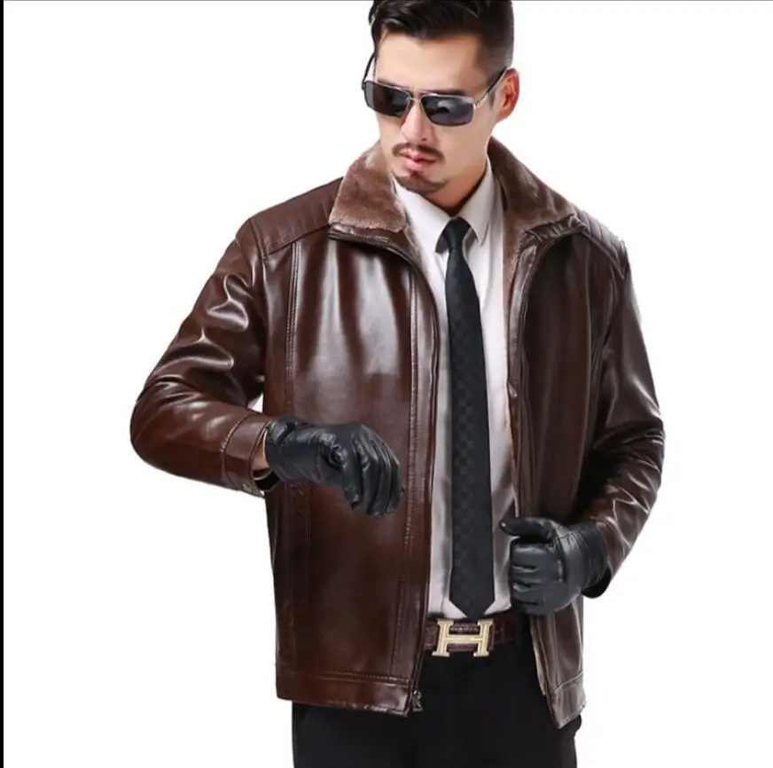 S-3xl Autumn And Winter Men's New Fur Collar One Leather Middle-aged Jacket Sheep Daddy Plus Velvet | Мужская одежда
