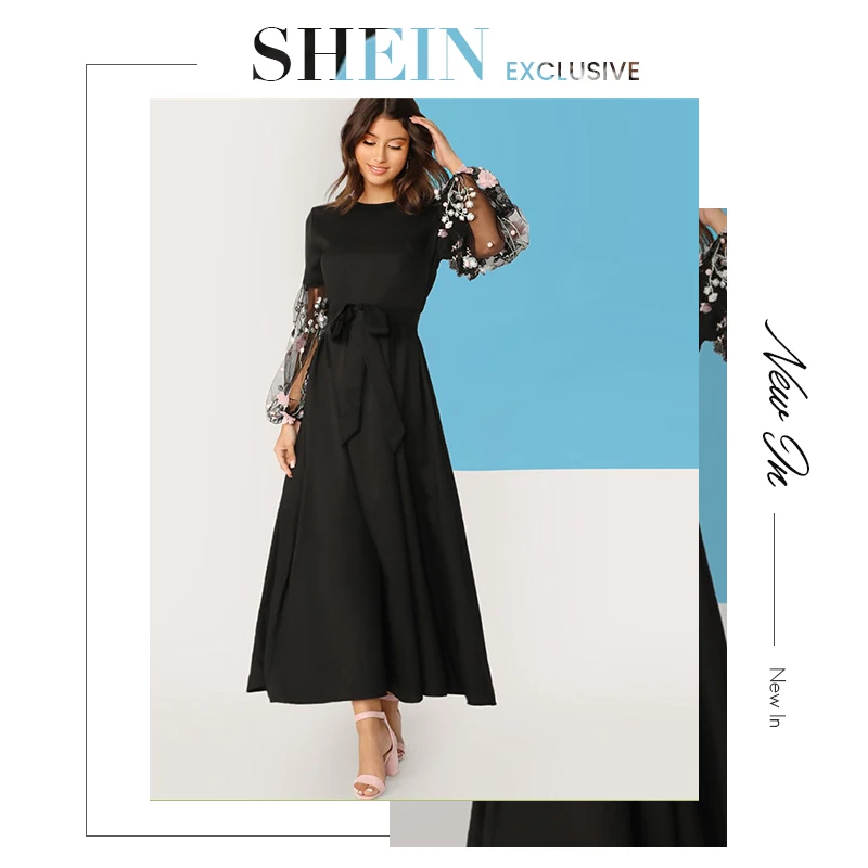 SHEIN Цветочная аппликация Сетчатое платье-фонарь рукав пояс женское платье круглый вырез Платье макси с длинным рукавом Высокая талия элегантное платье