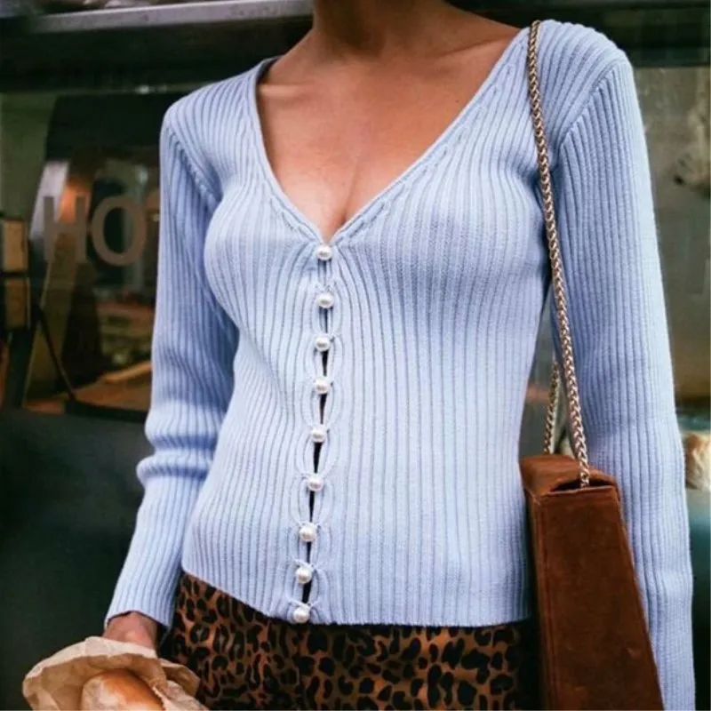 2019 Brand V-neck Pearl Knitted Cardigans Women Streetwear Vintage Solid Knitwear Ladies Spring Slim Fit Femme Sweater cws0186-5 |