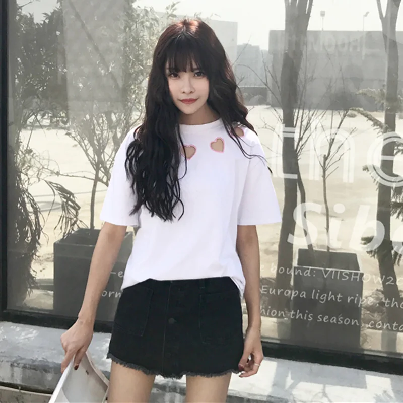 Новые летние kawaii сердце с короткими рукавами футболка женская ulzzang свободные Harajuku Большие размеры женская футболка Топ