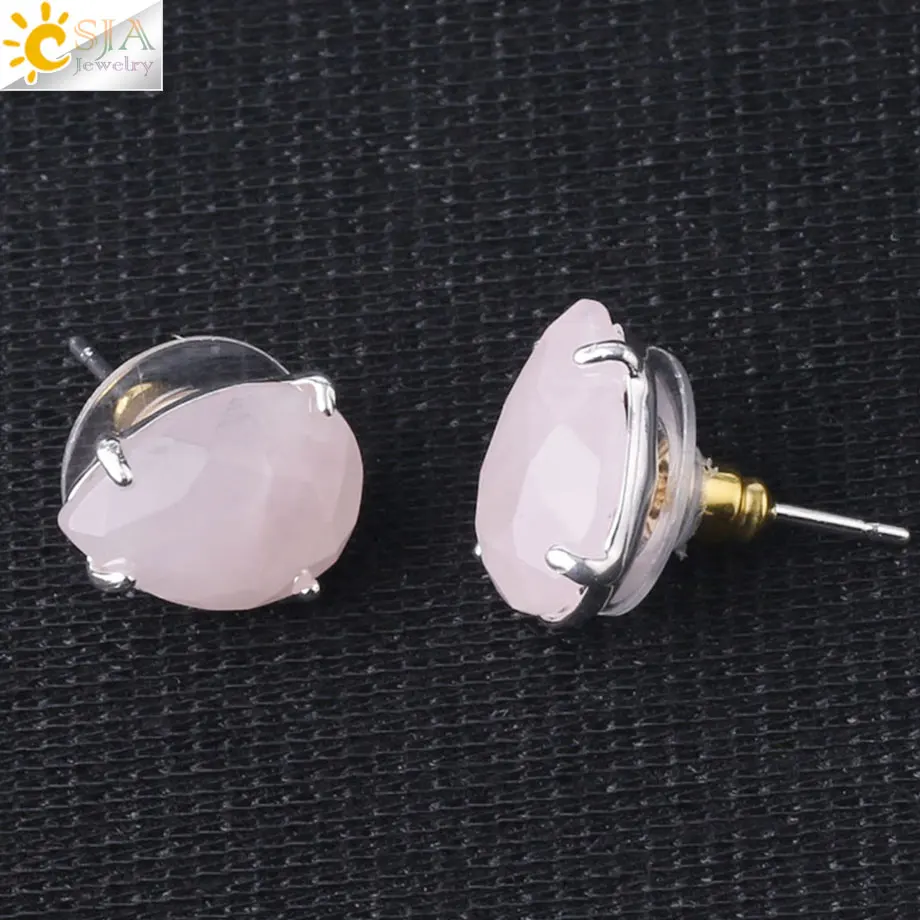 Rose Quartz CSJA капли воды форма серьги гвоздики натуральный серебристый цвет камень граненый розовый кристалл кварца тигровый глаз Исцеление ювелирные изделия Женский G035 - Окраска металла: Rose Quartz