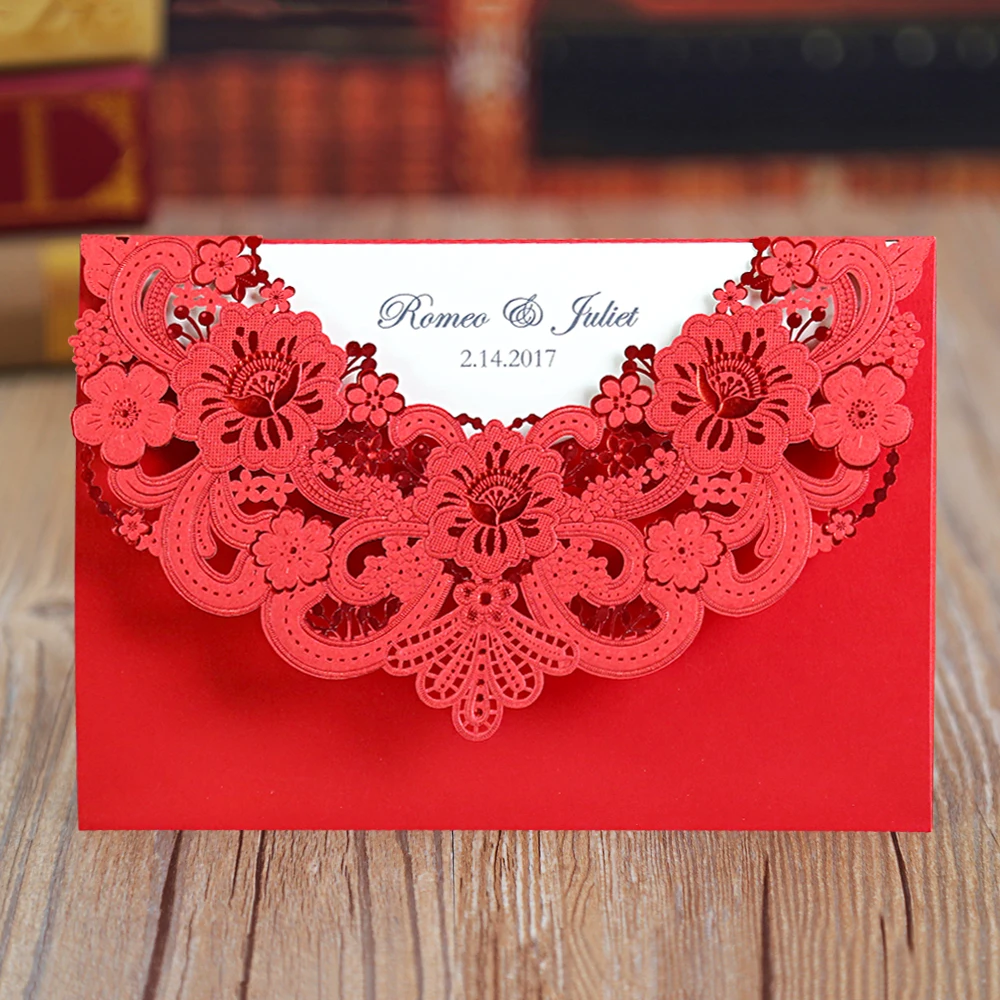 

50pcs New Arrival Horizontal Laser Cut Wedding Invitation with Red Hollow Flora Favors,Crown pattern,Customizable,