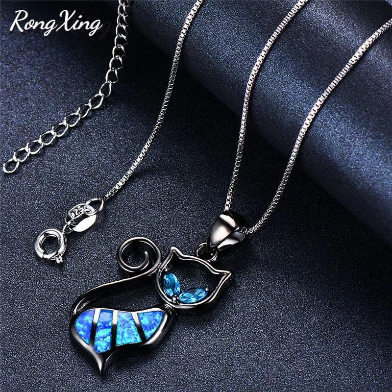 RongXing розовое золото заполненный милый Кот Подвески синий Огненный Опал Kitty