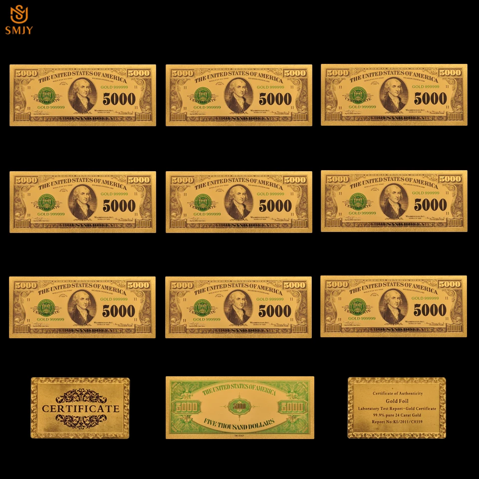 

10cs/Lot 1918 USA Currency Paper 5,000 Dollar In 24k Gold Plated Banknote Collections And Holiday Gift