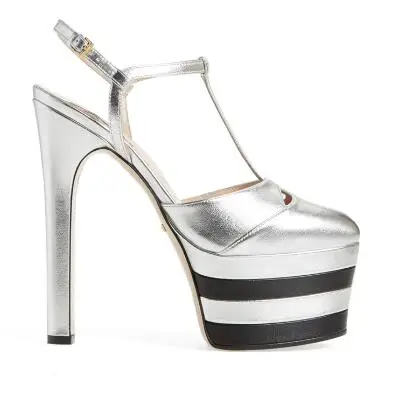 silver striped Подиумные босоножки из натуральной кожи с ремешком на лодыжке на высоком каблуке летние женские босоножки на платформе женская обувь на тонком каблуке с закрытым носком 34-43 - Цвет: silver striped