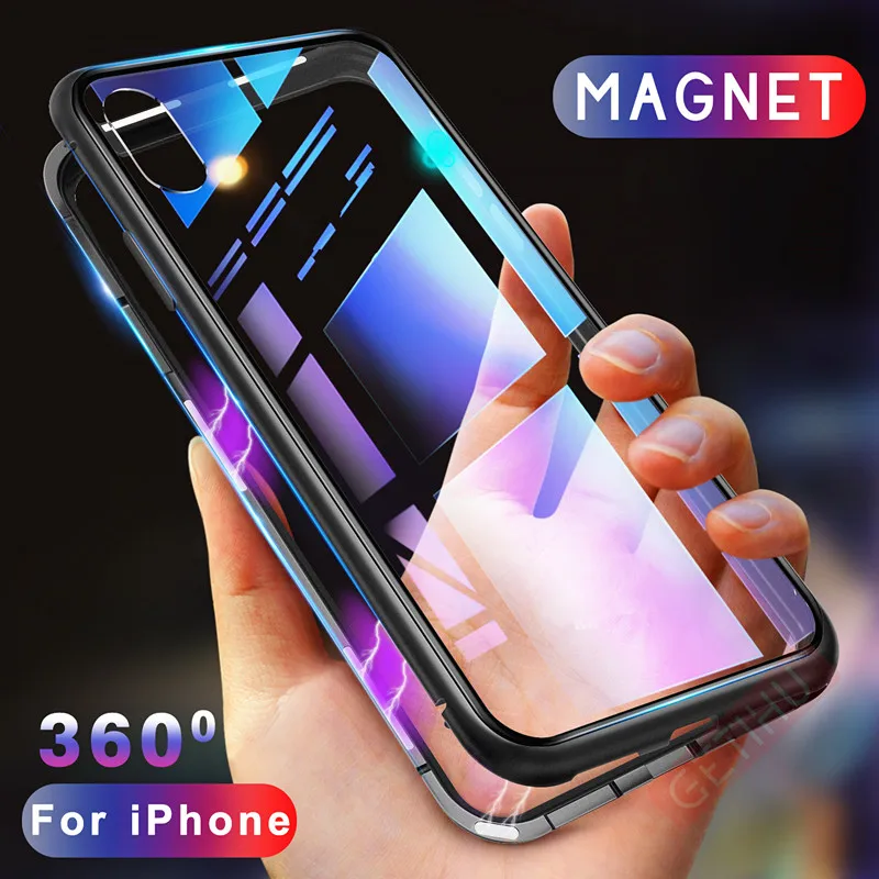 

Magnetic Adsorption Case for iPhone X XS XR 11 12 13 14 Pro Max 8 7 6 Plus SE 9H Tempered Glass + Metal Bumper Magnet Cover