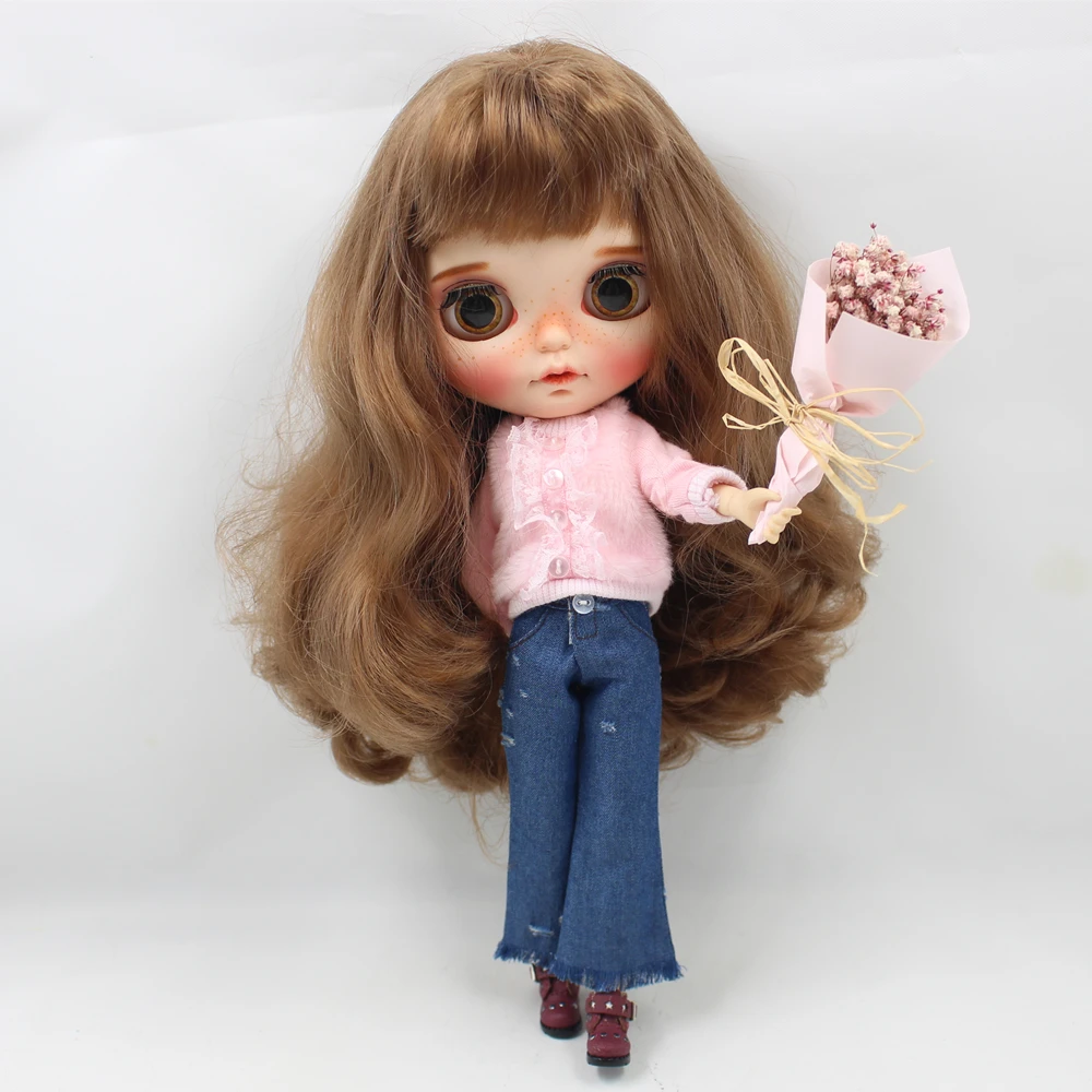 Наряды для Blyth doll розовая меховая одежда с синими расклешенными джинсами костюм
