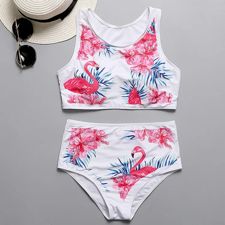 Бикини с высокой талией женский купальник принтом фламинго горловиной жилет