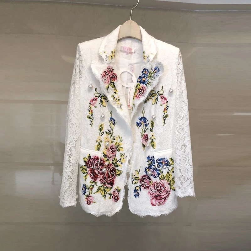 

JSXDHK Women Luxruy Lace White Lace Coat 2018 Autumn Embroidery Floral Pearl Double-Breasted Hollow Out Pocket Jacket Coat